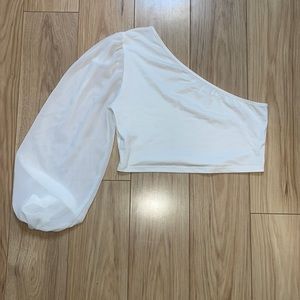 White One Shoulder Top with Sheer Sleeve
